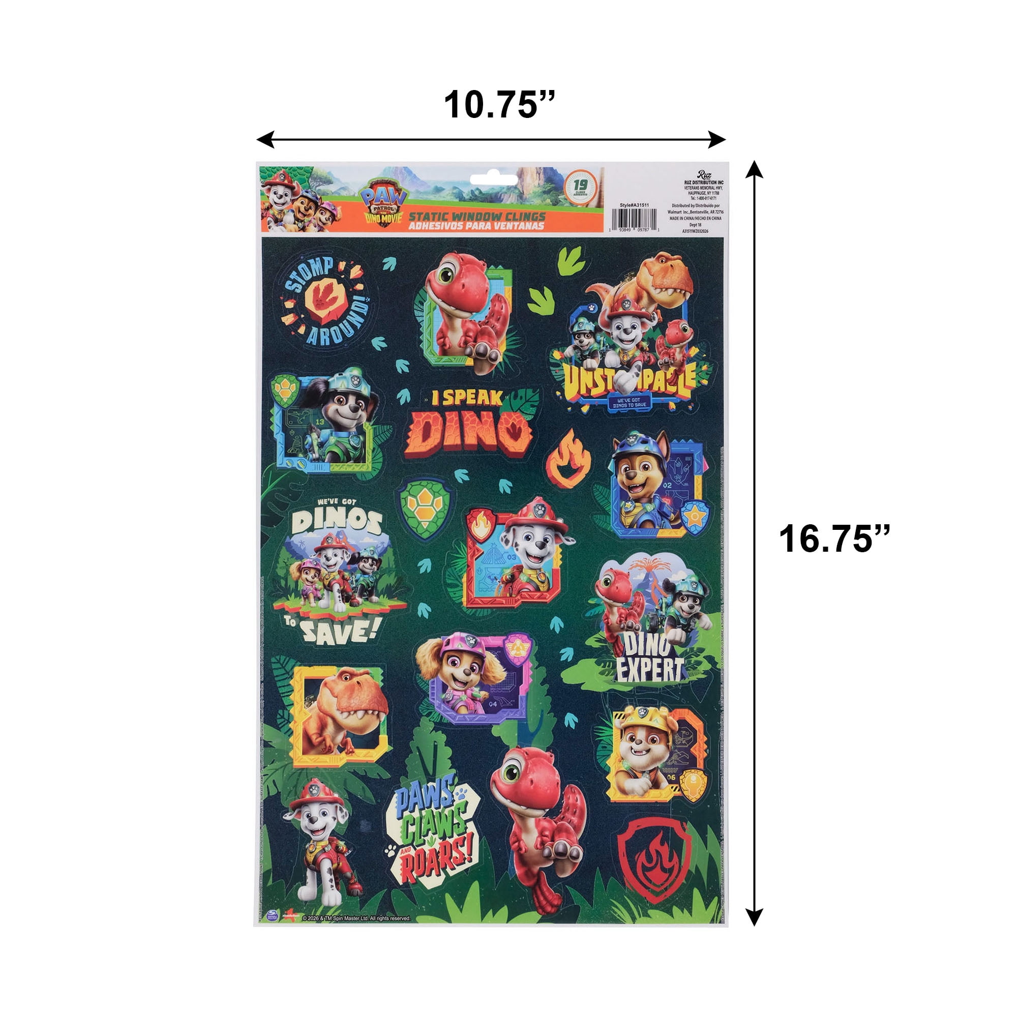 PAW Patrol Dino Rescue Static Window Clings – 19 Pack Kids’ Decoration