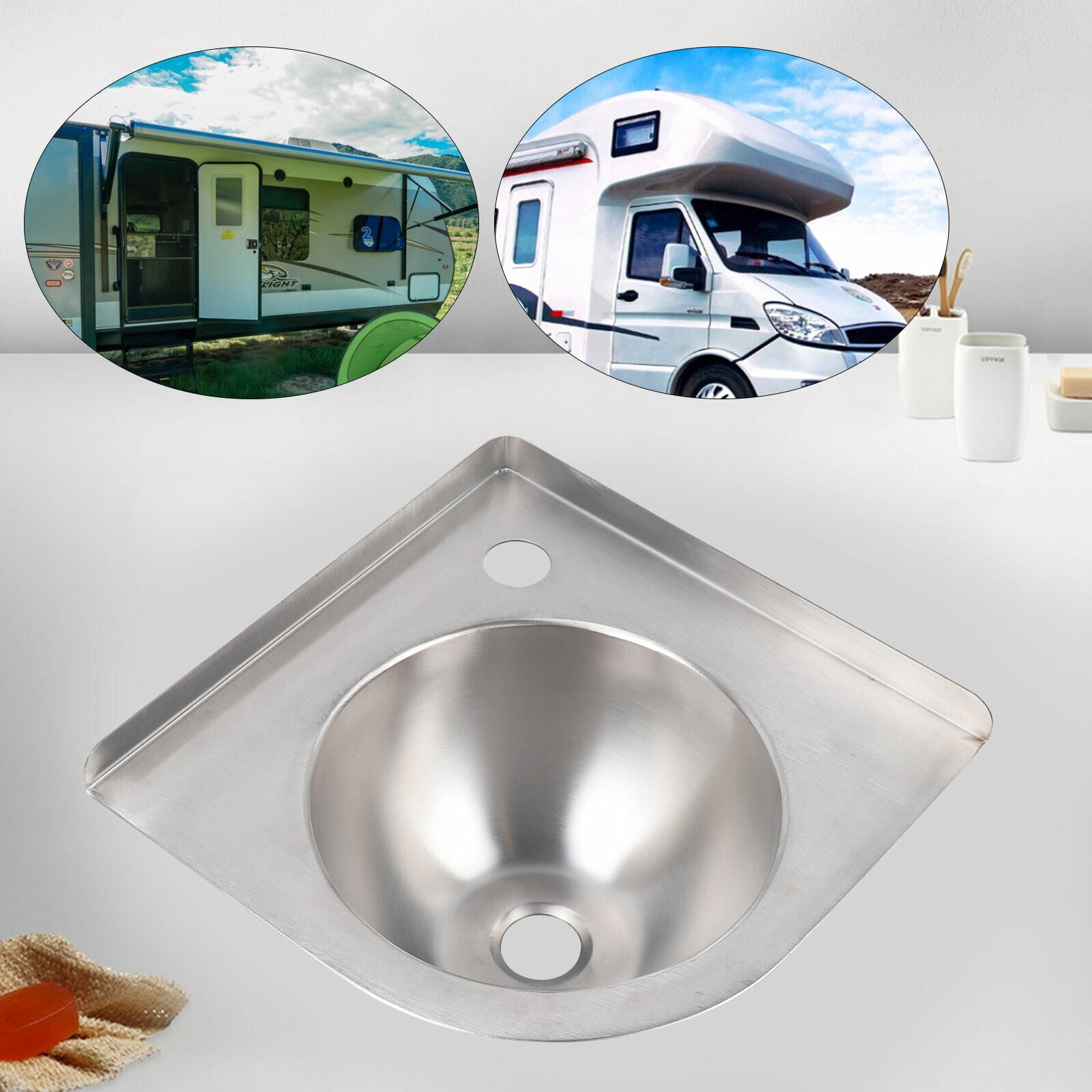Bathroom RV Corner Basin Sinks, Boat Caravan RV Triangular Stainless Steel Sink with Down Pipe for RV Caravan Camper Boating Kitchen Washing Sink