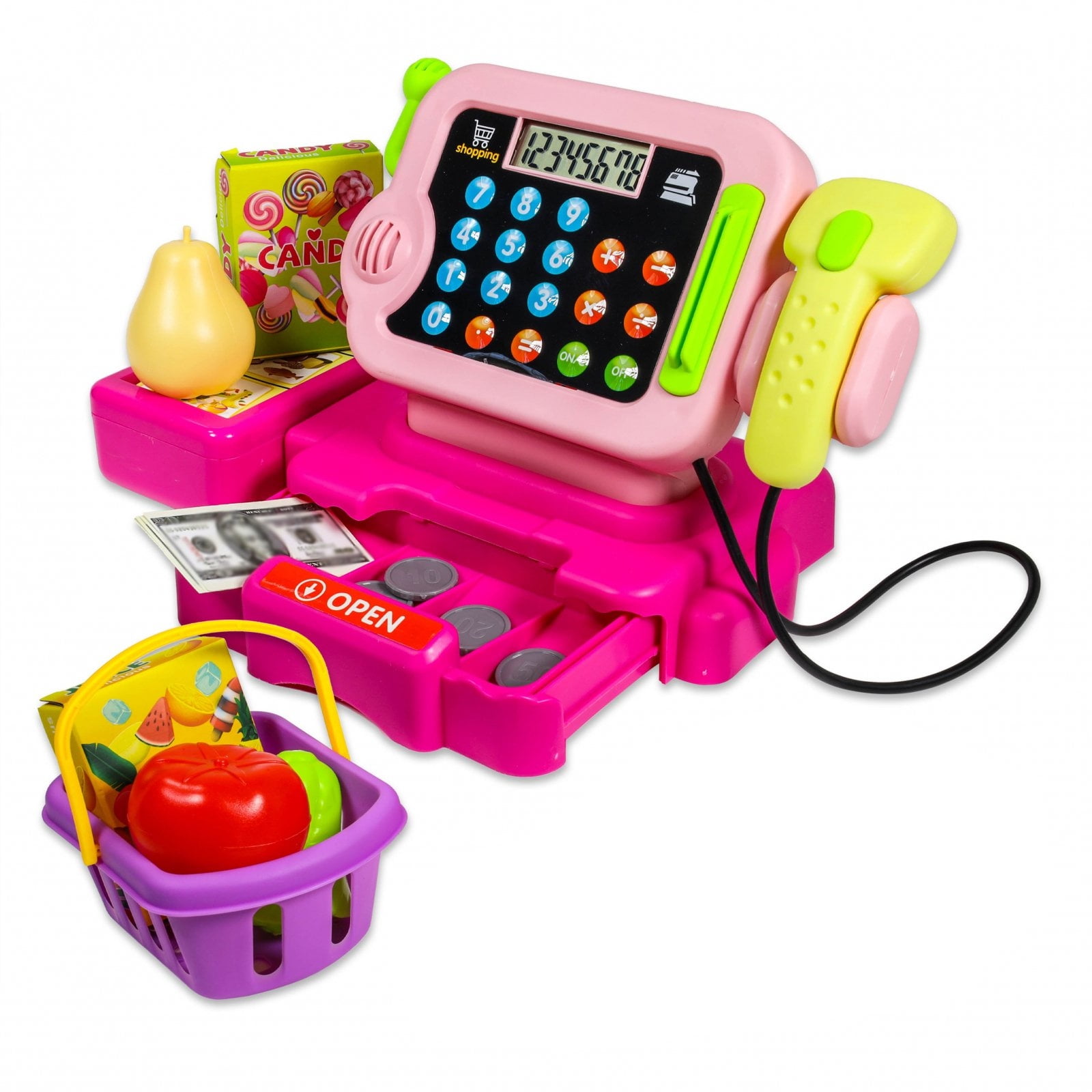 Details about   Pink Cashier Desk Kids Toy With Cashier Machine Cashier Scanner And products 