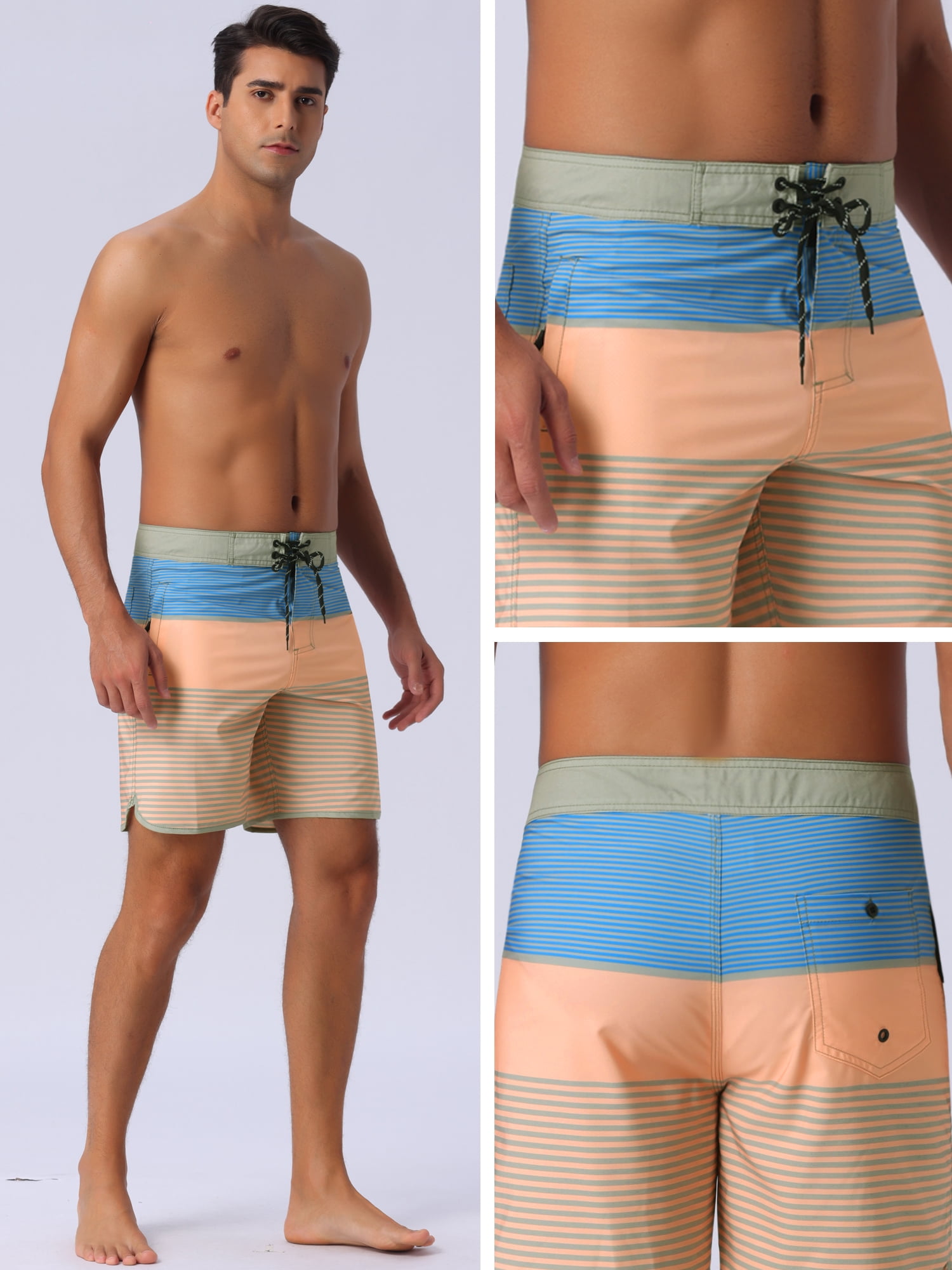 DARING DIVA Men's Color Block Drawstring Waist Pool Beach Striped Swimming Shorts 36 Orange