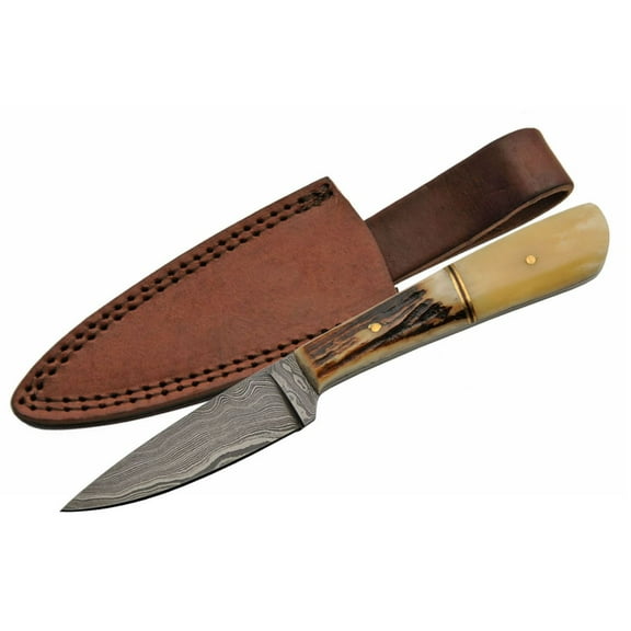 SANZ 7" Damascus Steel Fixed Blade Outdoor Knife with Stag and Bone Handle and Leather Sheath