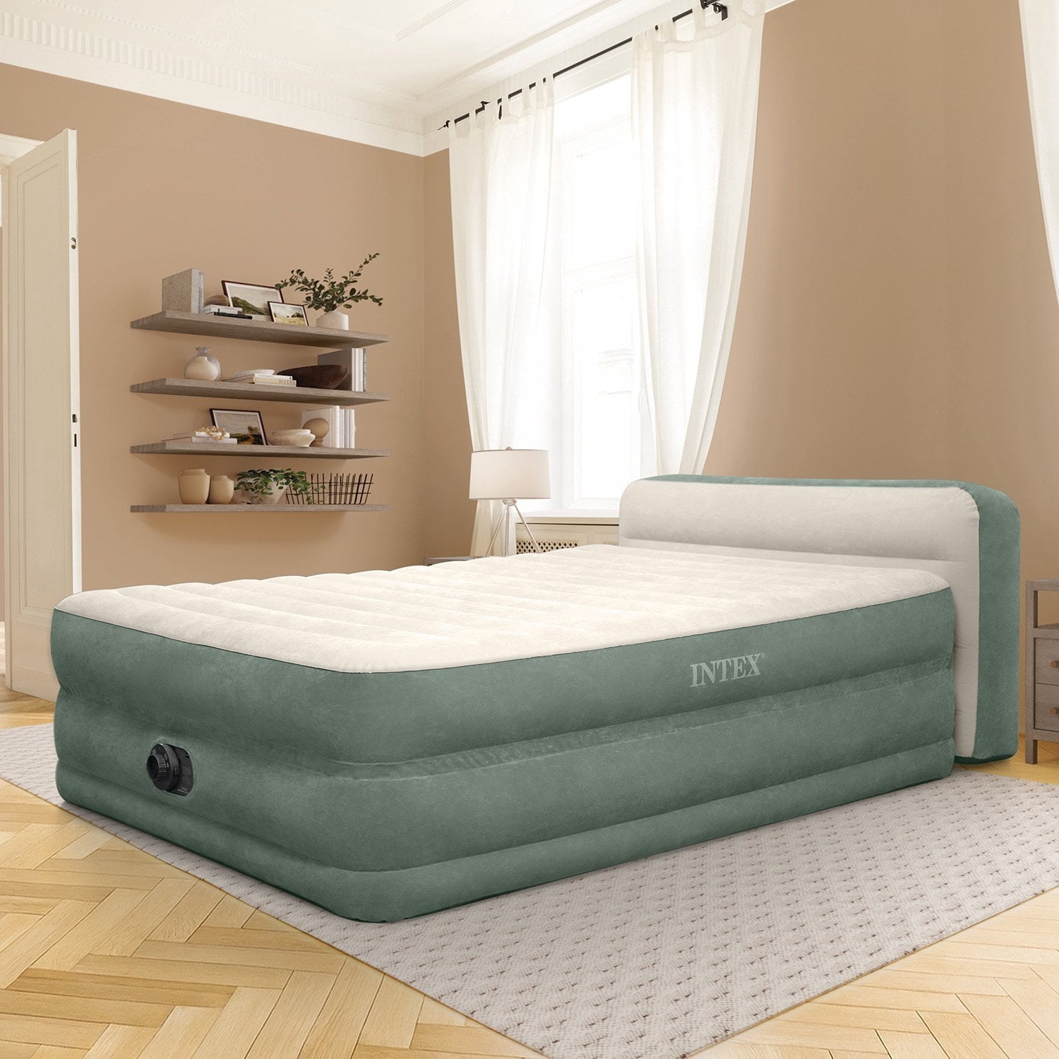 Intex 22" Queen Premium Comfort Air Mattress with Built-In Pump and Headboard (Model 66150S)