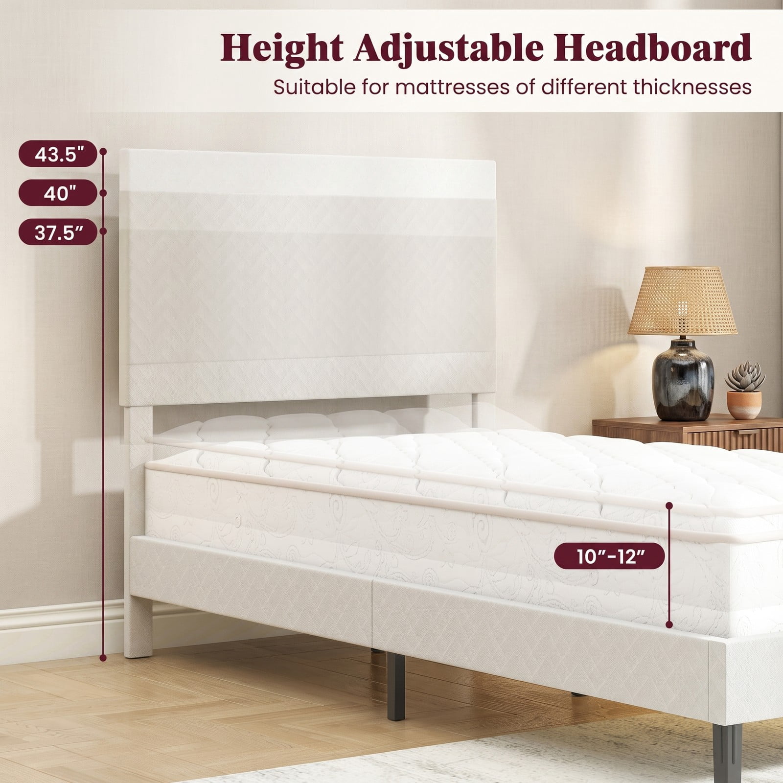 Furnibear Twin Bed Frame Velvet Upholstered Platform Bed with Height Adjustable Chevron Headboard and Wooden Slats, Beige