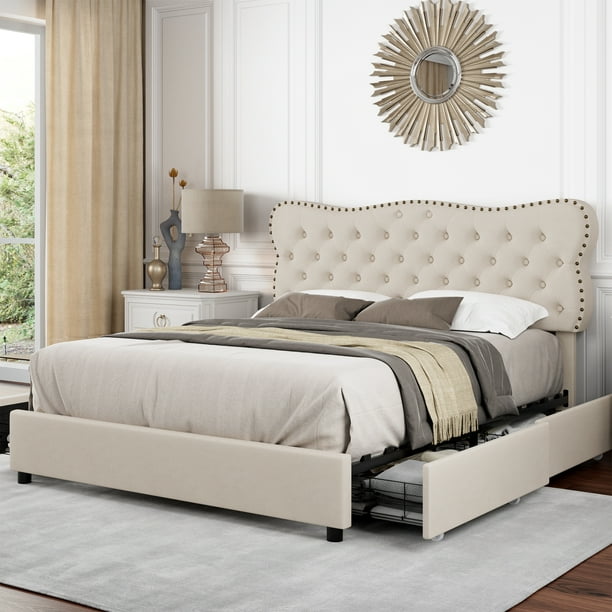 Homfa Beige Full Bed Frame with Drawer, Linen Upholstered Storage