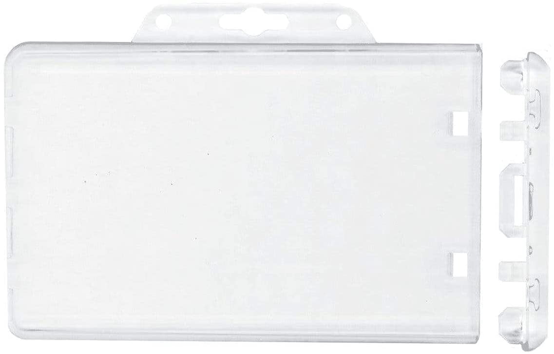 50 Pack - Heavy Duty Horizontal Permanent Locking Badge Holder - Crystal Clear Hard Plastic Case for Photo I.D. Badges or Proximity Cards by Specialist ID