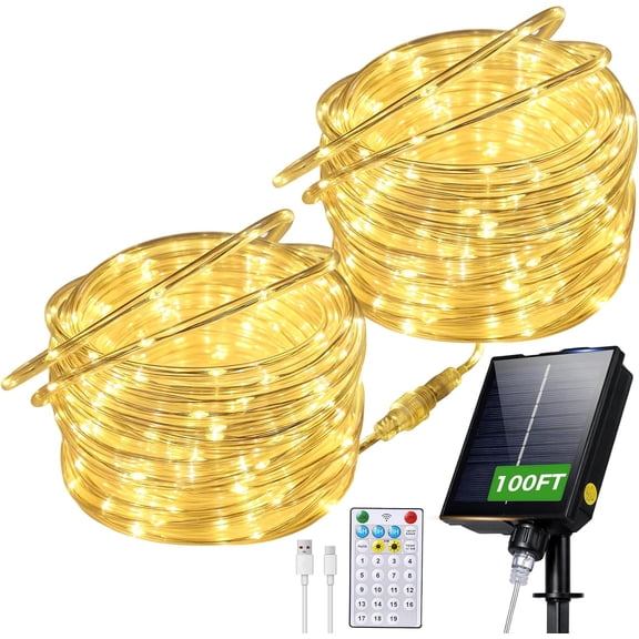 ZELUXDOT Solar Rope Lights, 100Ft 600 LED Warm White Connectable Fairy Lights, USB and Solar Powered, 1.97 Inch LED Spacing for Brighter Lighting, Waterproof for Yard Tree Pool Christmas Decor