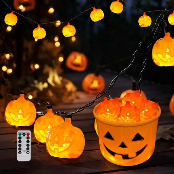 Halloween Pumpkin String Lights with Pumpkin Candy Bucket, 30 LED 16.4ft, 8 Modes Timer Waterproof Orange Jack-O-Lantern, Outdoor and Indoor Halloween Decorations