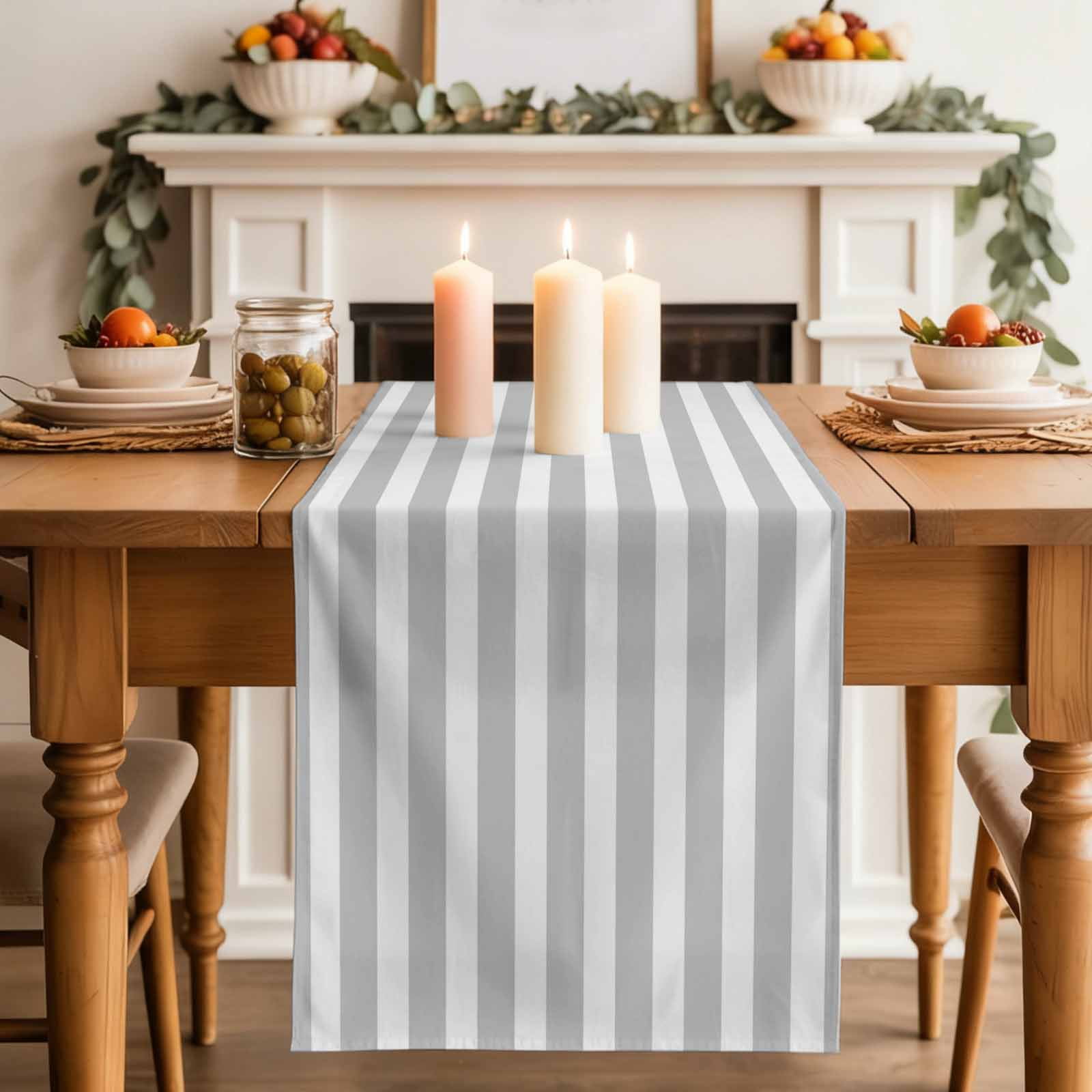 Grey Striped Table Runner, Modern Farmhouse Gray White Stripes Washable Cotton Linen Table Runners 72 Inches Long, Dresser Scarf Runner for Dining/Coffee/Kitchen/TV Stands/Cabinets 13''x72''