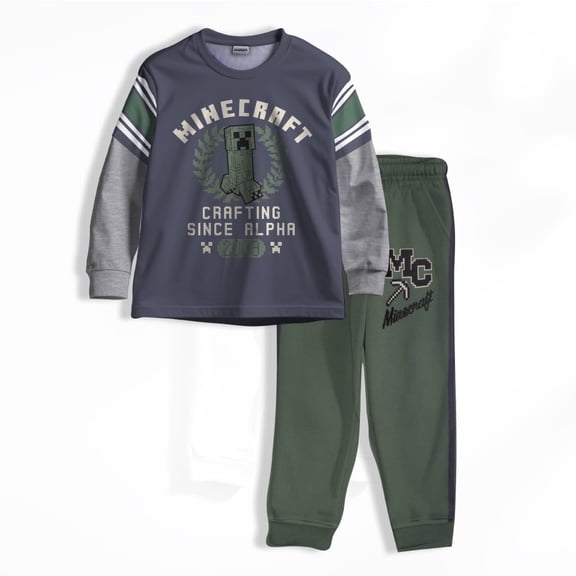 Minecraft Creeper Boys 2-Piece Jersey Set, Long Sleeve Active Mesh T-Shirt & Jogger Pants Bundle for Kids (Sizes 4-16)