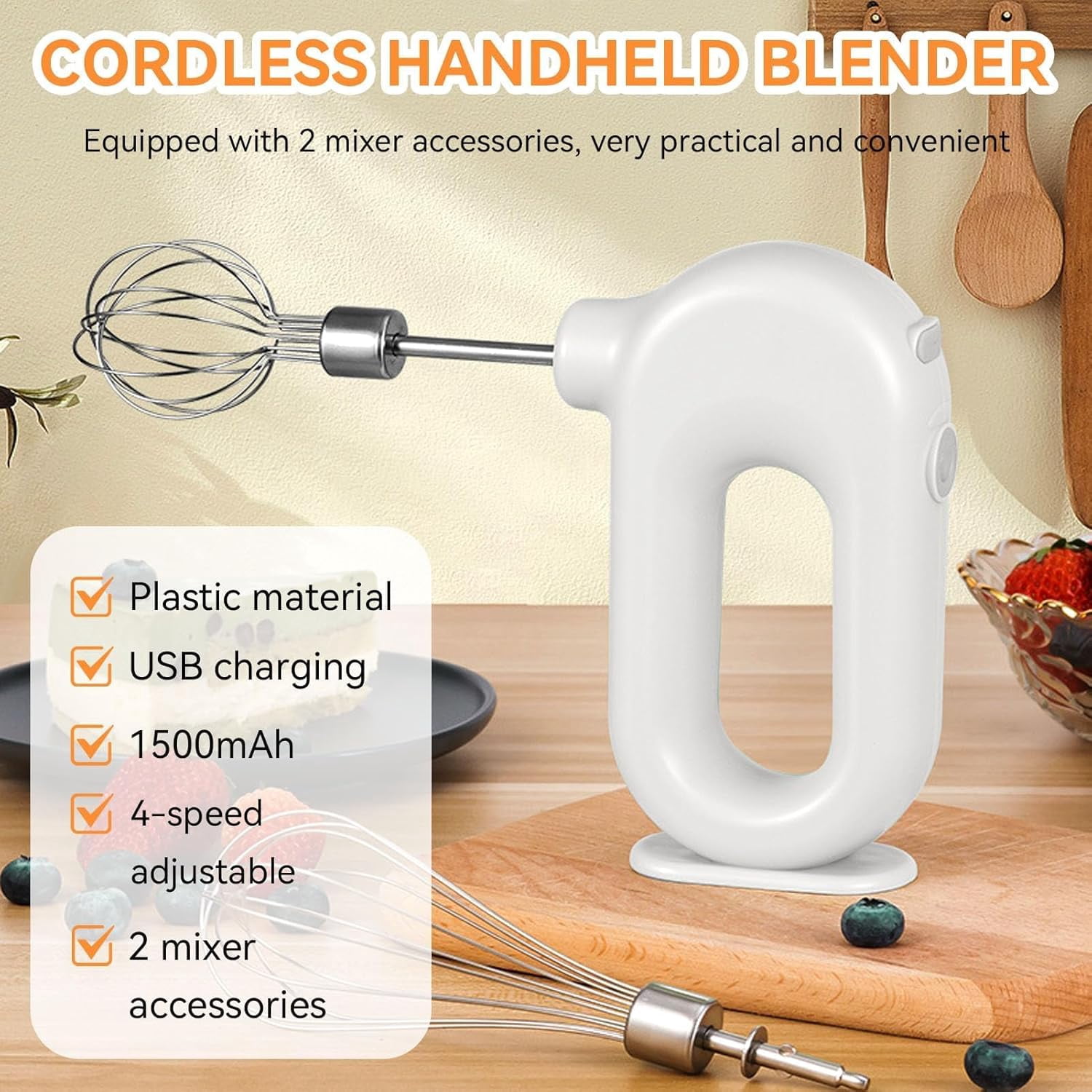 Cordless Hand Mixer, Handheld Egg Beater Electric Handheld 4 Speed Adjustable Mini Hand Mixer Electric Mixer, USB Charing, 1500mAh(White)