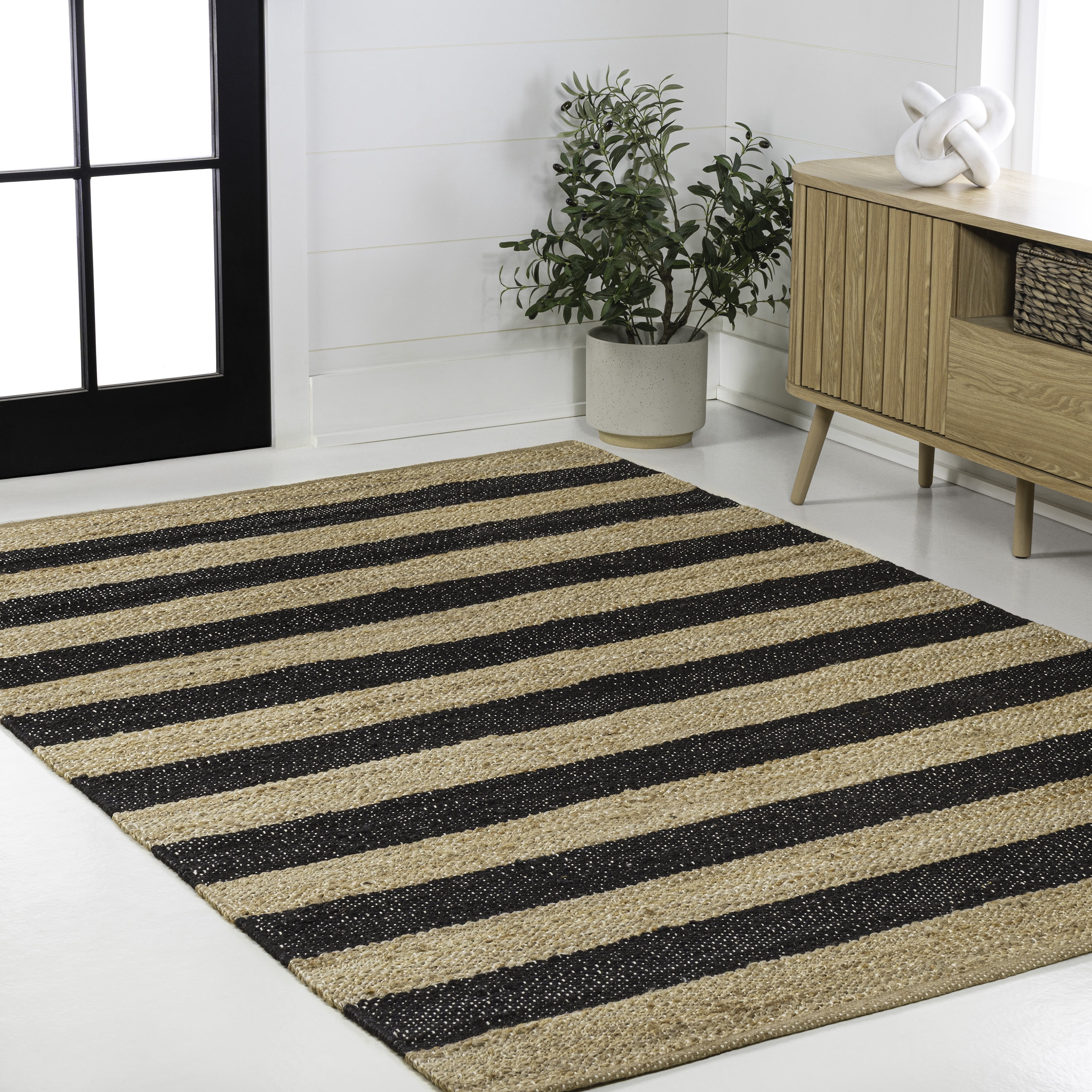 JONATHAN Y NATURAL FIBER 5 x 8 Area Rug, Jayden Rustic Farmhouse Woven Jute Stripe - Natural/Black, NRF202B-5
