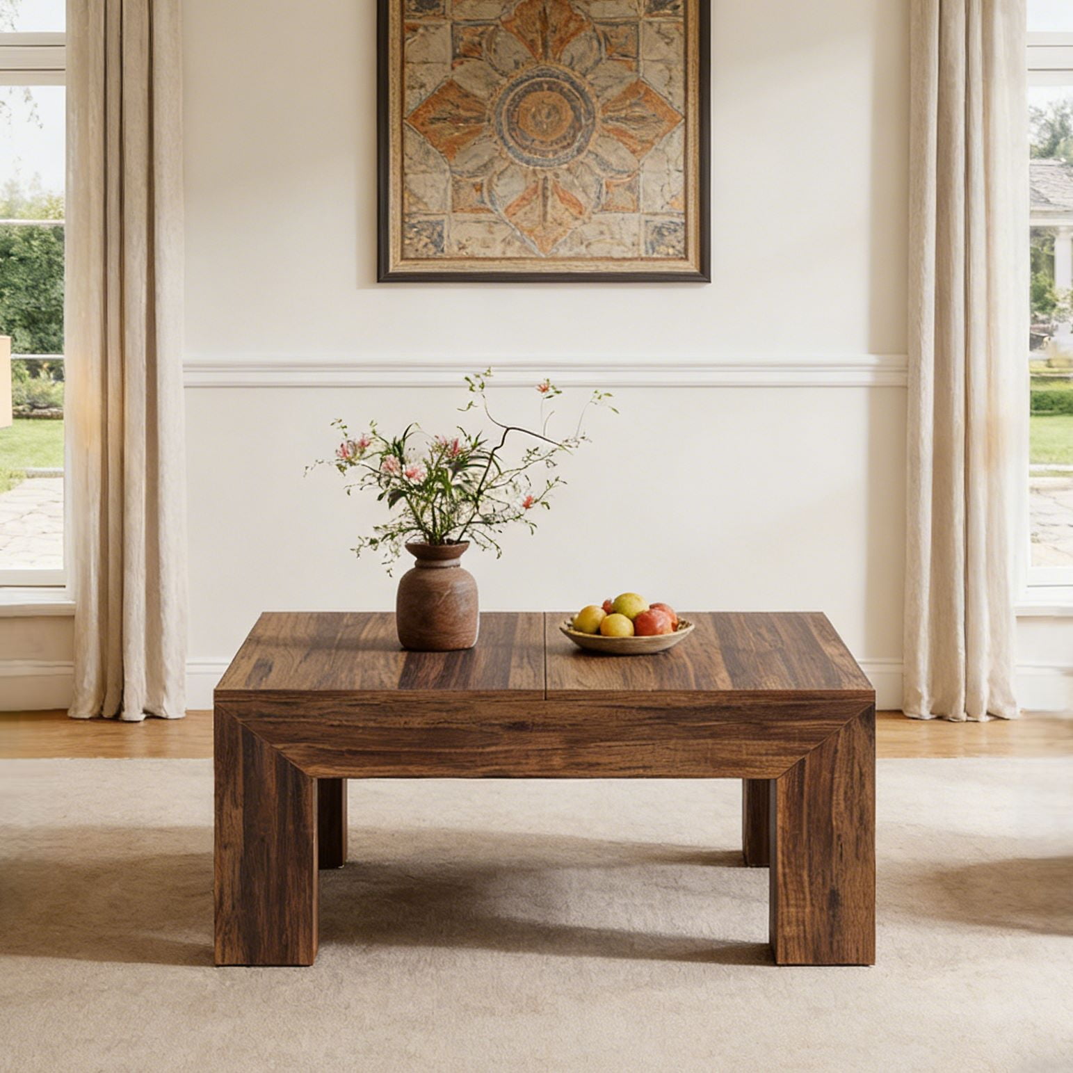 Fnova 39.4" Square Coffee Table, Farmhouse Wood Accent Center Cocktail Table with Sturdy Wooden Legs for Living Room, Easy Assembly