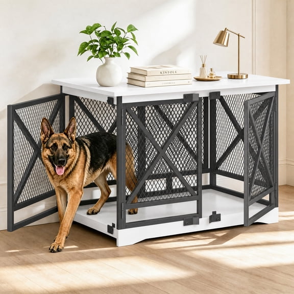 Scohul 48 inch Dog Crate Furniture Indoor Kennel with 3 Doors Heavy Duty for Large Dogs White