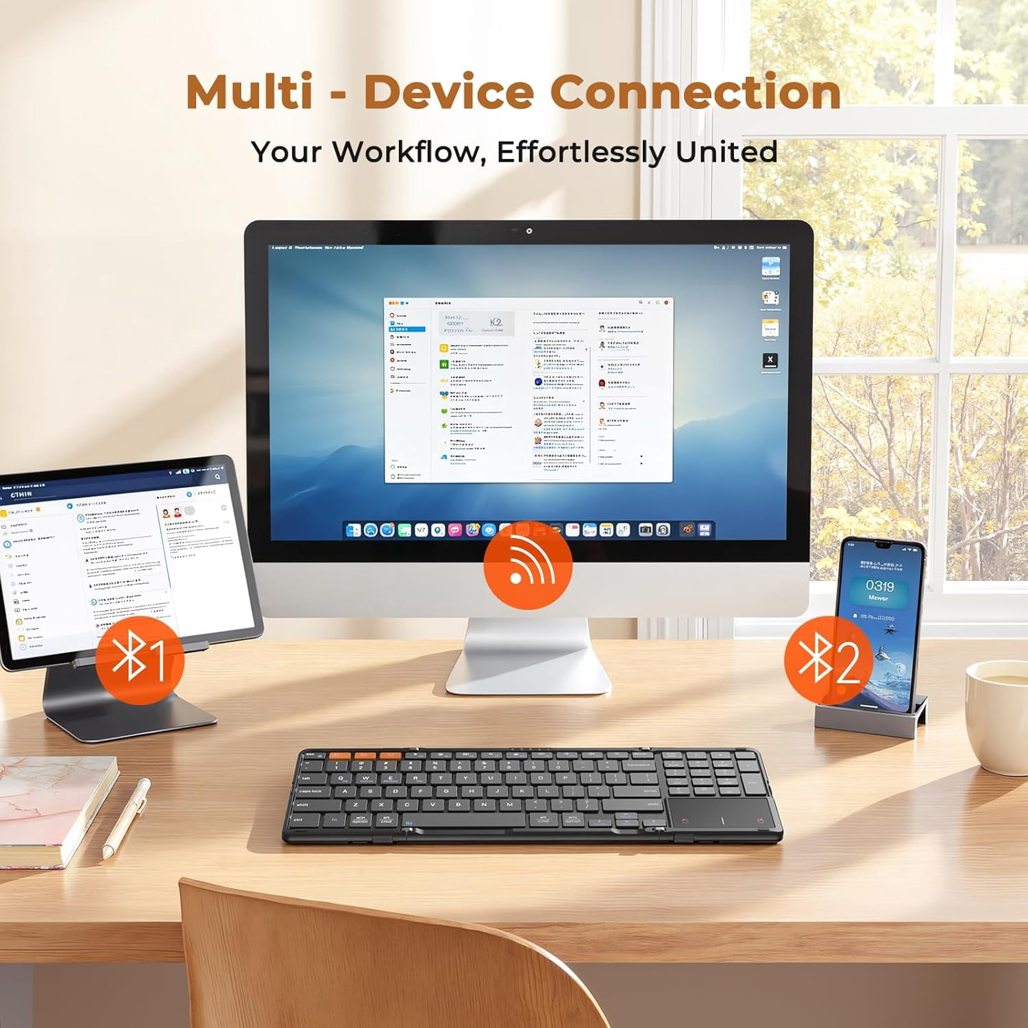 Meetion Foldable Bluetooth Keyboard, Full Size with Number Pad & Touchpad, Rechargeable for Travel