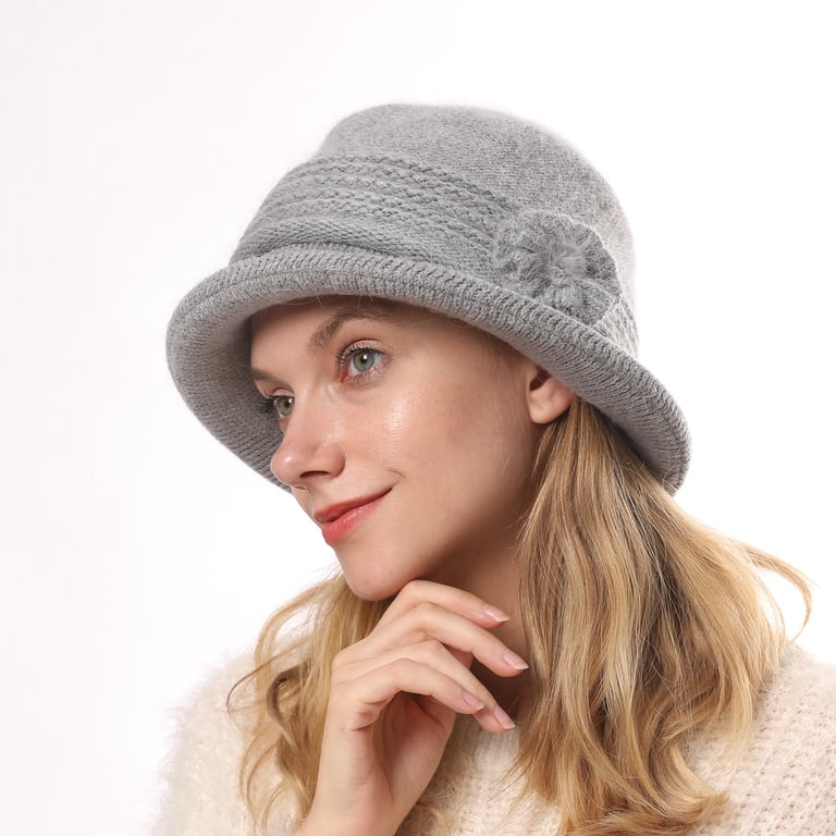 Women Winter Knit 1920s Vintage Bucket Bowler Hat Round Brim  display picture 1
