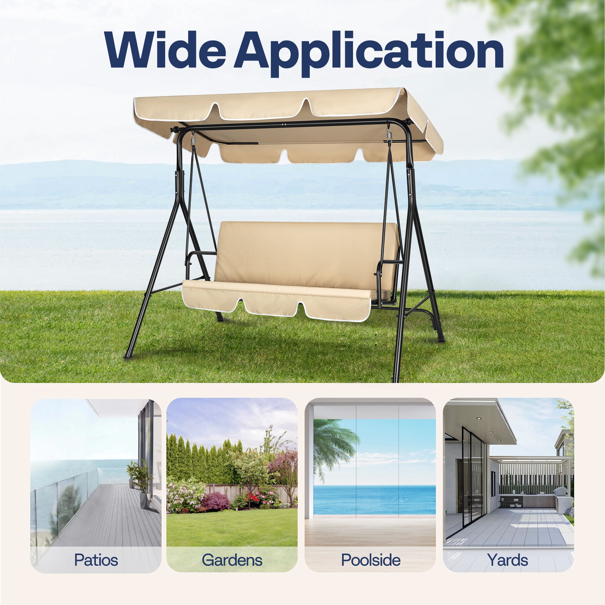 VIVOHOME 3 Seat Porch Swing Chair with Converting Canopy&Removable Cushion, Cushioned Steel Frame Porch Canopy Swing Chair, Swing Glider Hammock for Patio, Garden, Beige