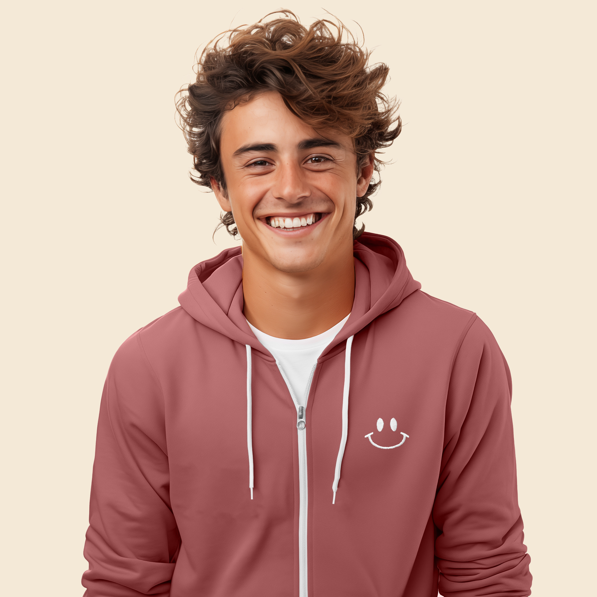Dalix Smile Face Embroidered Zip Hoodie Fleece Long Sleeve Pocket