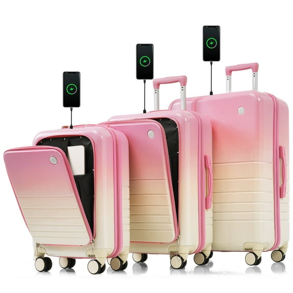 Noaman 3-Piece Luggage Set with USB Port, Front Opening Carry-On Pink