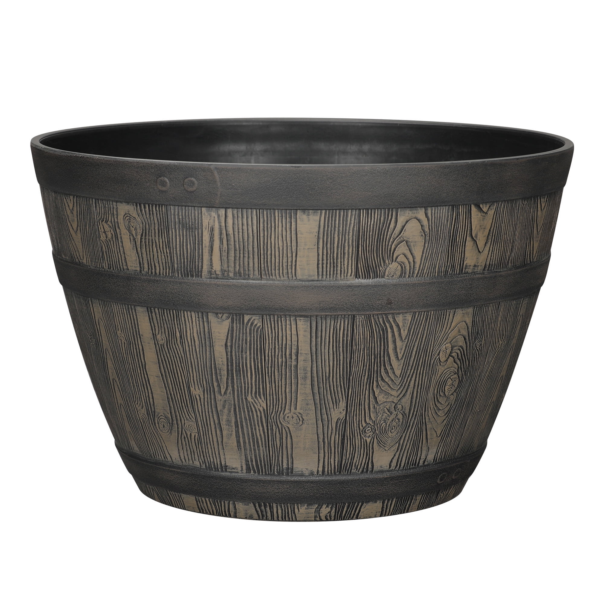 (2 pack) Better Homes & Gardens Whiskey Barrel Brown Resin Planter, 19.9in x 19.9in x 13in