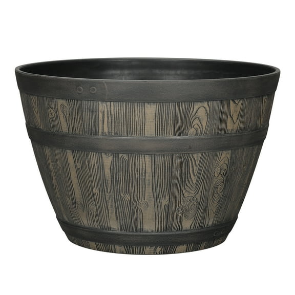 Better Homes & Gardens Whiskey Barrel Brown Resin Planter, 15.8in x 15.8in x 10.3in