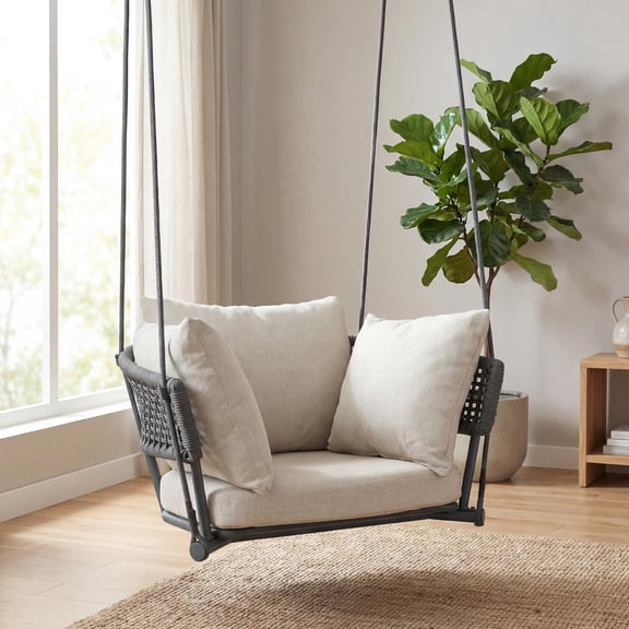 Beige Hanging Swing Chair with Cushions, Woven Frame, Indoor & Outdoor Use