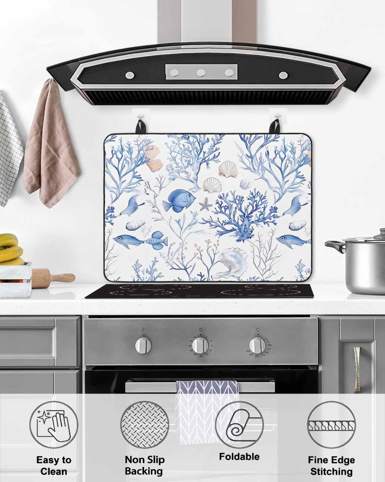 nqOlkjepod Large Induction Cooktop Protector Mat 36"x21", Blue Coastal Stove Top Covers for Electric Stove, Summer Ocean Fish Shell Decorative Stove Burner Cover Mats, Glass Top Stove Cover