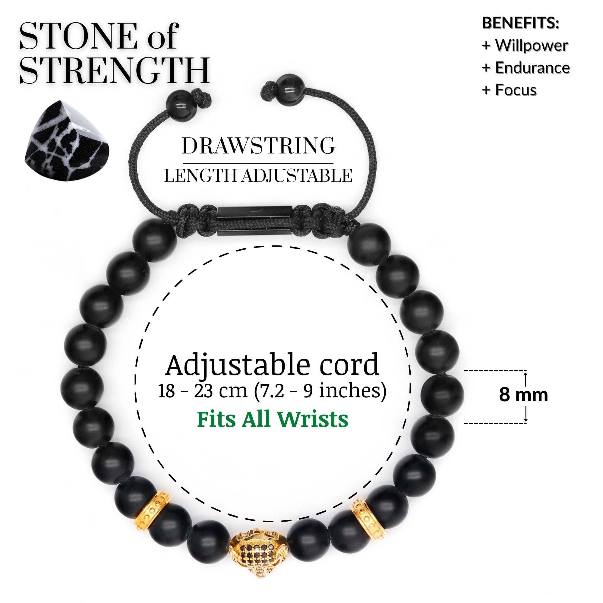 Men's BLACK ONYX Bracelet with Golden LEOPARD Head  | Gift for Men | One Size Fits All | 100% Natural | Gemstone Adjustable Bracelet