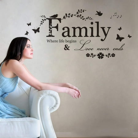 Words For Wall Art Family Letter Quote Removable Wall Stickers, Inspirational Vinyl Wall Decal Words Quote Wall Art Sticker Home Decor for Bedroom Living Room(Family Where Life Begins Love Never Ends) ()