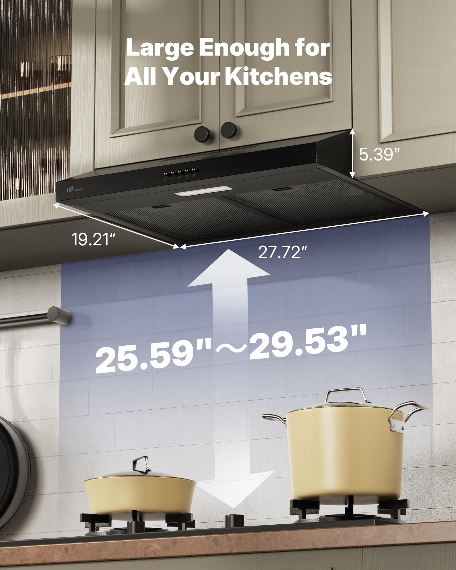 Upstreman 30 Inch Under Cabinet Range Hood with Ducted / Ductless Convertible, Slim Kitchen Oven Vent Hood Stainless Steel Stove Exhaust Fan with LED Lights, 3 Speed, Reusable Filter, HU30 Black