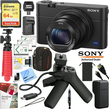Sony Cyber-shot DSC-RX100M4 RX100 IV Mark 4 20.2 MP 4K Compact Digital Camera with F1.8 Zeiss 24-70mm Lens with Grip and Tripod Case Memory Card Spare Battery