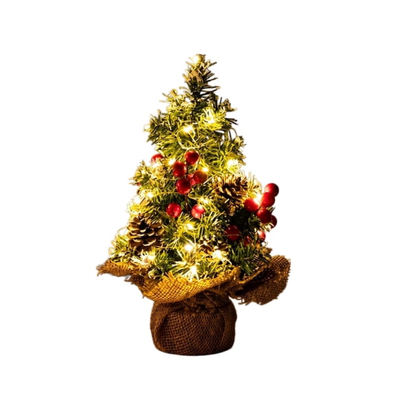 WWG Mini Christmas Tree, Artificial Pre Lit Tabletop Tree with Warm LED Lights, Red Berry Clusters, Natural Pine Cones, Burlap Base, Battery Operated, 11.8 Inch, for Home Office Desk Decor