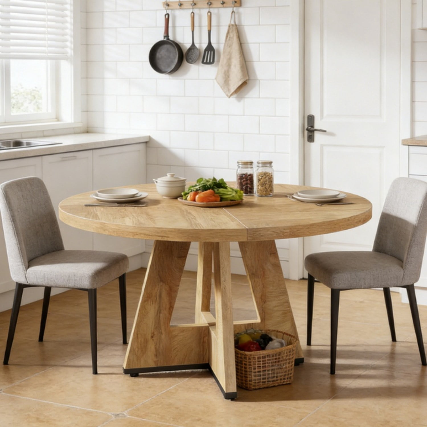 Round Dining Table, Farmhouse Wooden Kitchen Table, Seats 4, 47 in Tabletop, Rustic Brown
