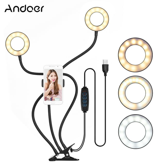 Andoer 3.5 Inch Clip-On Mini USB Ring Light Fill-in Lamp Dual Lights 3 Lighting Modes Dimmable Flexible Arms Design with Phone Holder for Live Streaming Video Online Singing Chatting Selfies