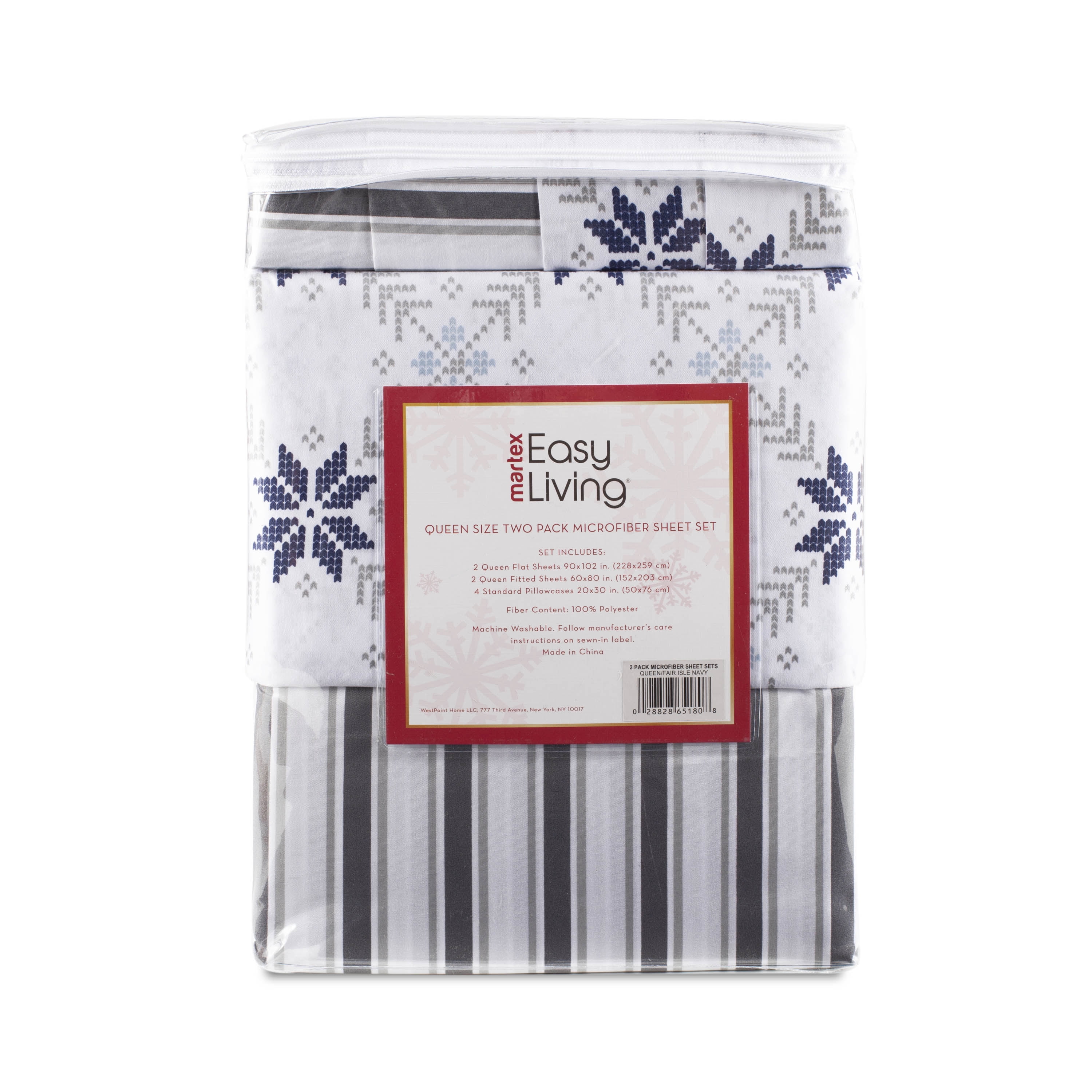 Martex 2-Pack Holiday Queen Navy Blue Striped and Fair Isle Sheet Set