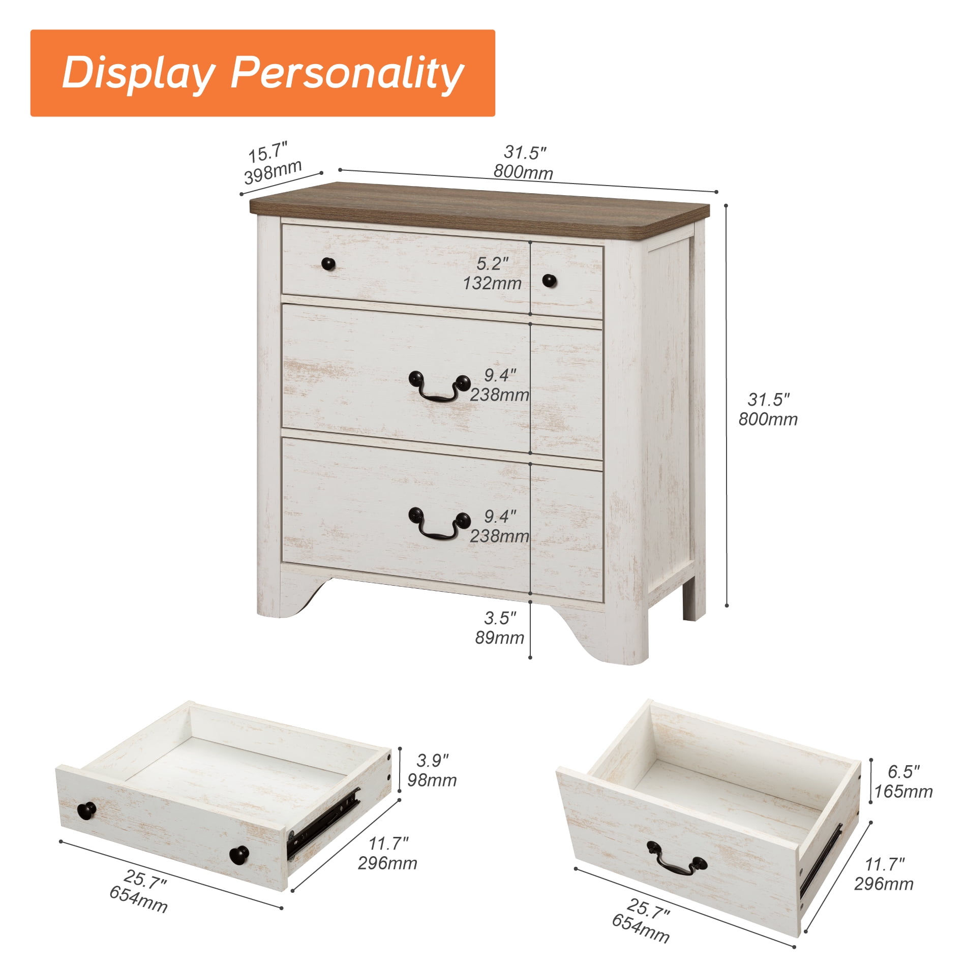 3-Drawer Nightstand For Bedroom, Mid Century Modern Wooden Closet Storage Organizer