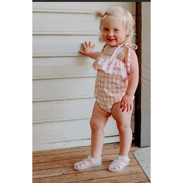 Baby Girls Romper, Sleeveless Plaid Pattern Sling Straps Lotus Leaf Design Button Closure Jumpsuit with Bow Hair Band