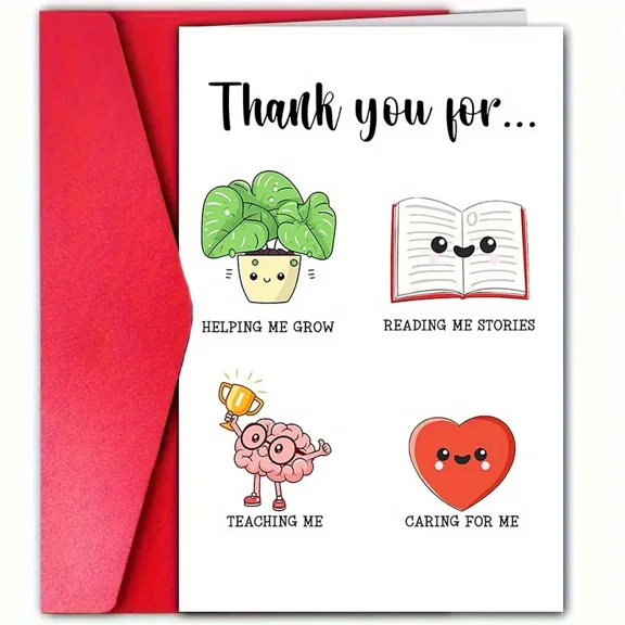 Thank You Card for Teachers – "Helping Me Grow" Design with Illustrations – Blank Inside, Envelope Included – Perfect Gift for Teacher Appreciation or End of Year