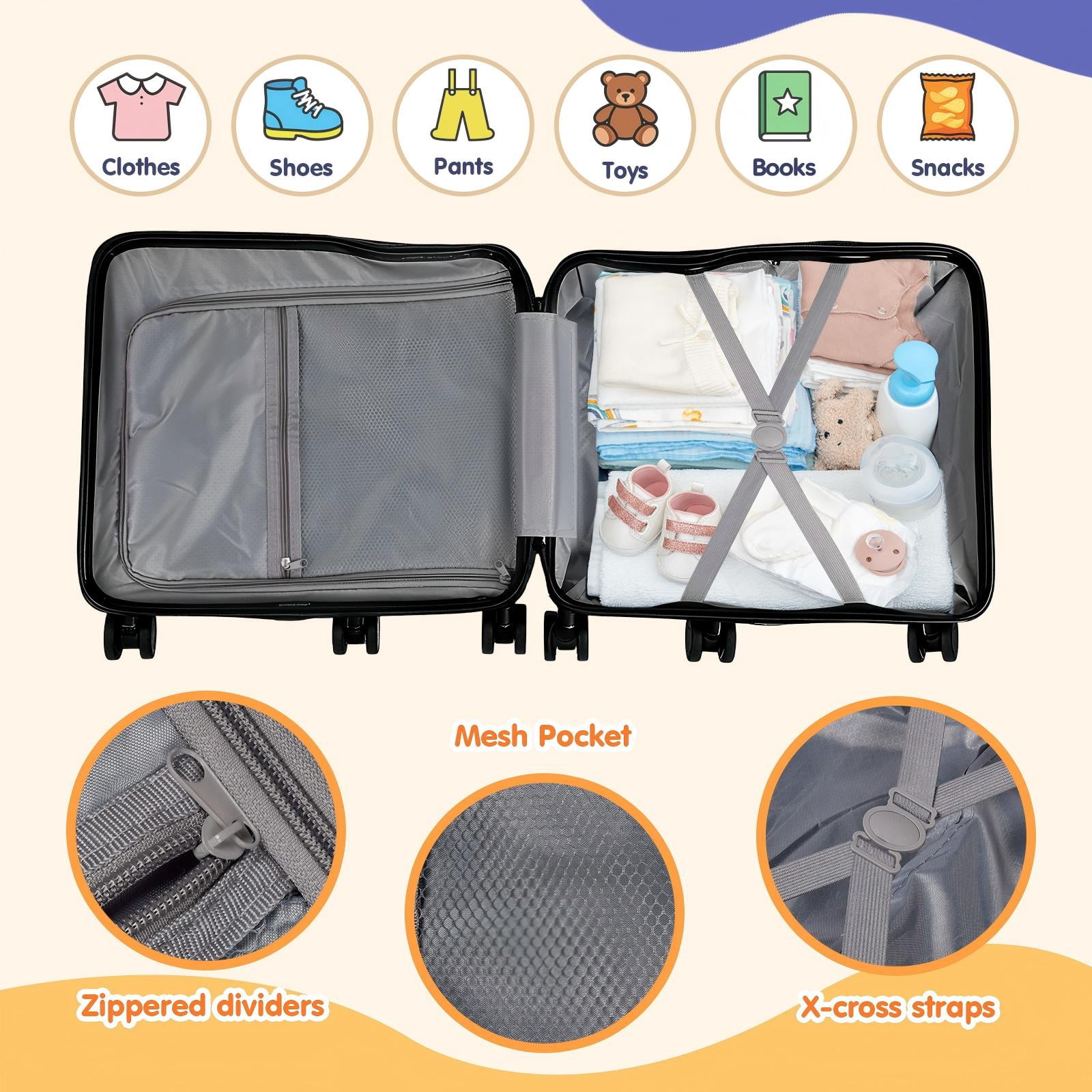 Advwin Ride-On Kids Luggage with Pull Strap, Footrests, Cup Holder, 6 Wheels & Adjustable Handle, 18-Inch Spinner Suitcase with Stickers & Boarding Pass, Black