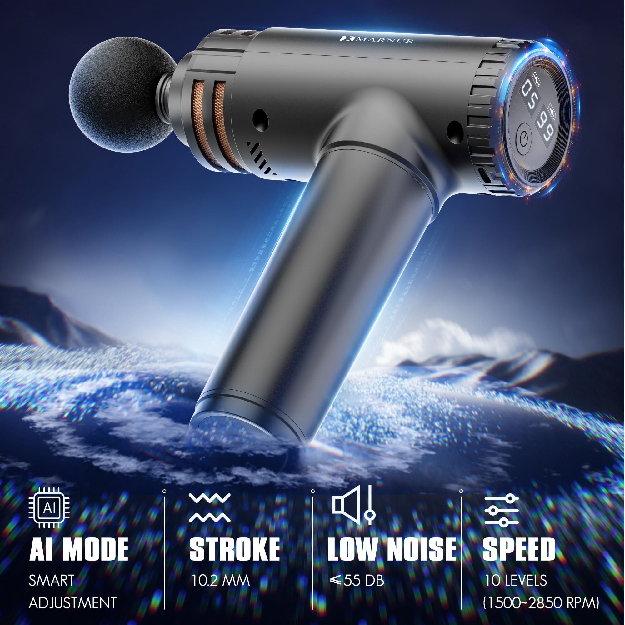 MARNUR Massage Gun Deep Tissue , 10 Speeds, 4 Heads, Quiet Muscle Massager with AI Smart Mode, 6H Battery, for Athletes & Home Use