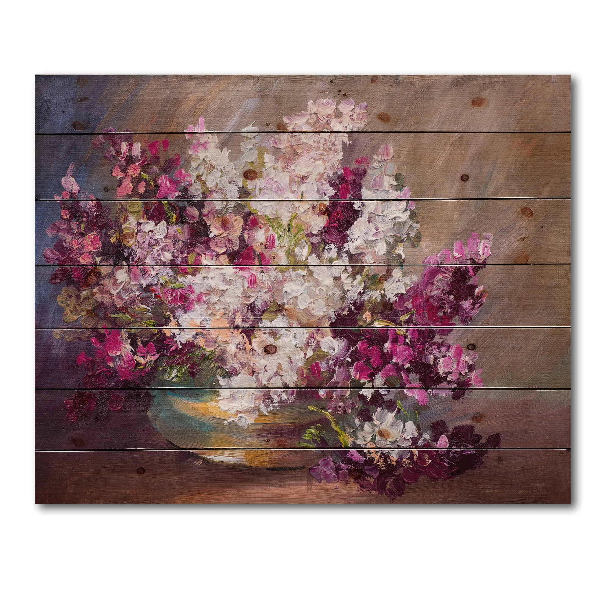 Designart 'Bouquet Of Still Life Lilacs ' Traditional Print on Natural Pine Wood