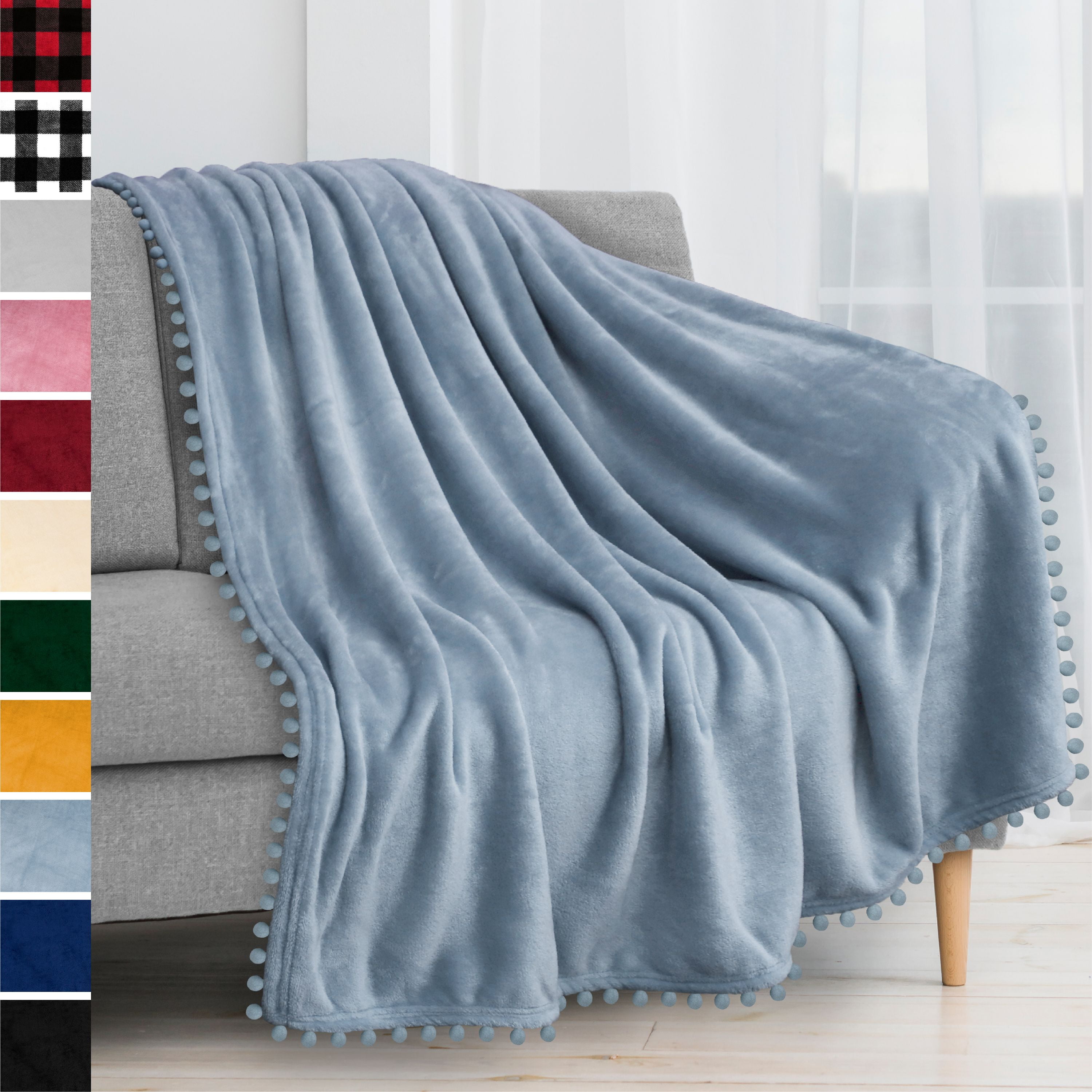 PAVILIA Fleece Throw Blanket with Pom Pom Fringe Dusty Blue Flannel