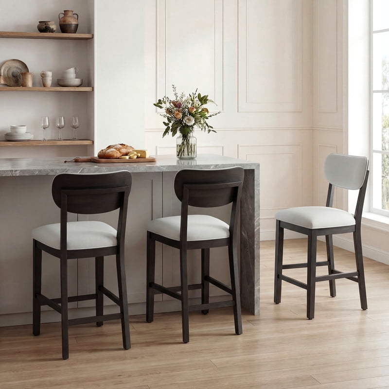 COLAMY Set of 4 Counter Height Bar Stools, Solid Wood Upholstered Barstools with Backrest, Modern Farmhouse Fabric Kitchen Island Stools，Brown