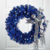 Northlight Pre-Lit Artificial Tinsel Christmas Wreath - 24" - Blue - Clear Lights