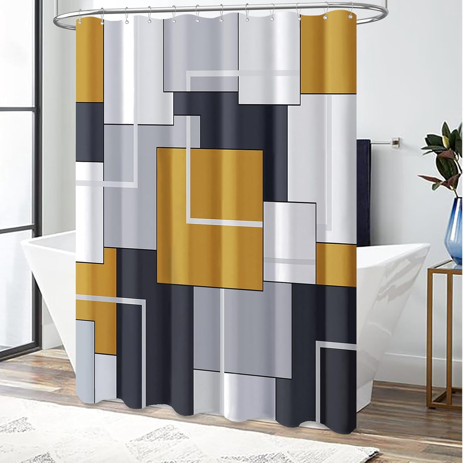 Gold Fabric Shower Curtain - Geometric Shower Curtain Set with 12 Plastic Hooks, Water Repellent, Machine Washable, Modern Decorative Polyester Cloth Shower Curtains for Bathroom - 72x72