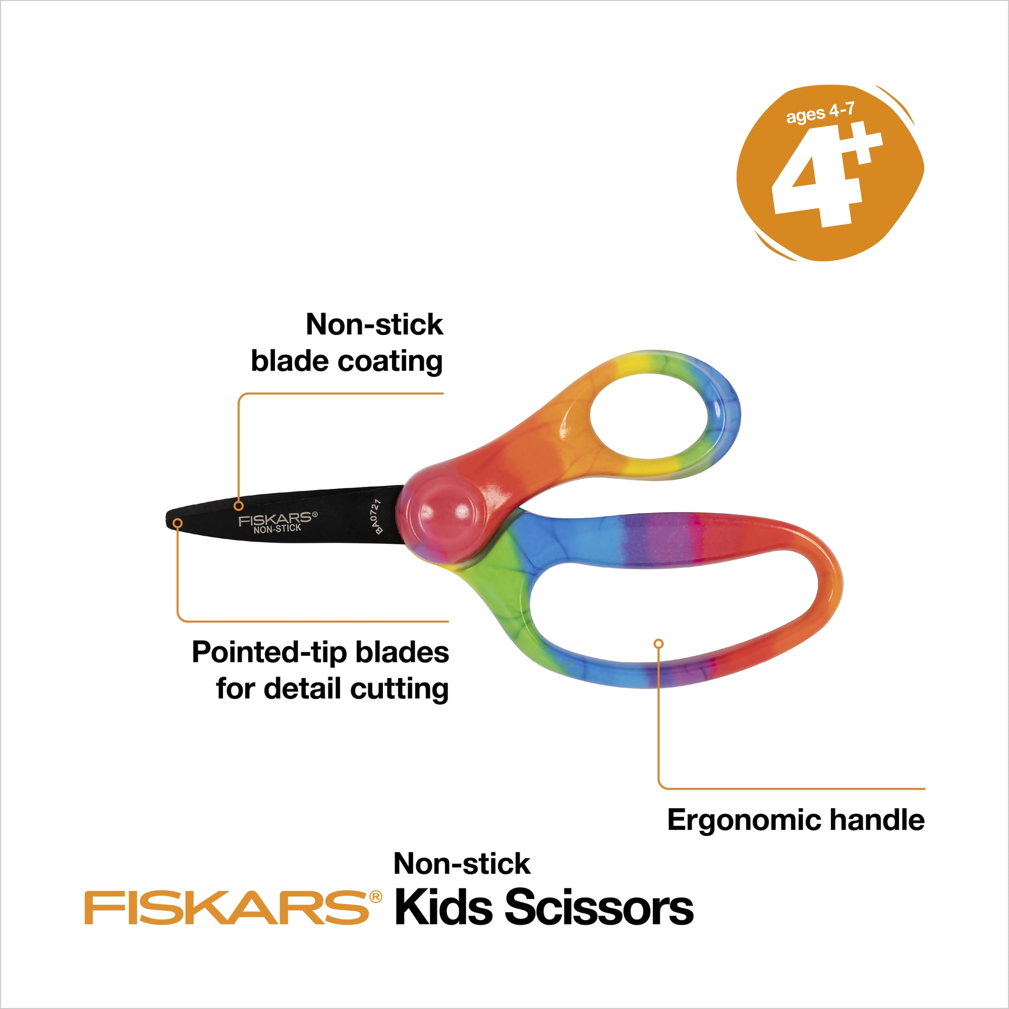 Fiskars Non-Stick Kids Scissors, 5", Pointed, School Supplies for Kids 4+, Rainbow