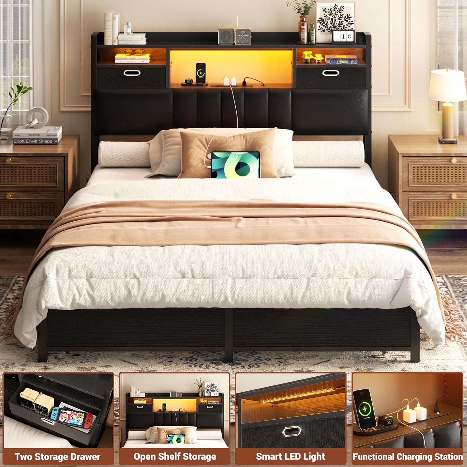 Homieasy Twin Headboard with Drawer Storage and RGB LED Light, Twin Size Upholstered Headboard with Charging Station and Bookcase, for Bedroom/Dorm Room/Guest Room, Black