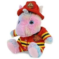 DolliBu Unicorn Firefighter Stuffed Animal - Rainbow Unicorn Fireman Toy with Red Fireman Costume Outfit and Fireman Hat, Cute Wild Life Stuffed Animal Fire Fighter Doll Plush Toy for Kids - 9 Inch