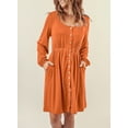 thumbnail image 5 of Asyoly Womens Dresses Long Sleeve A Line Dress Pleated Button Swing Mini Dress Solid Crewneck Elastic Waist Short Dress with Pocket, 5 of 7