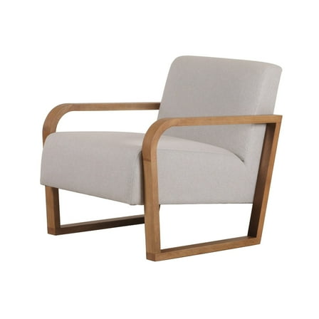 Benjara 27 Inch Accent Chair, Cushioned Seat and Back, Beige Linen, Brown Wood