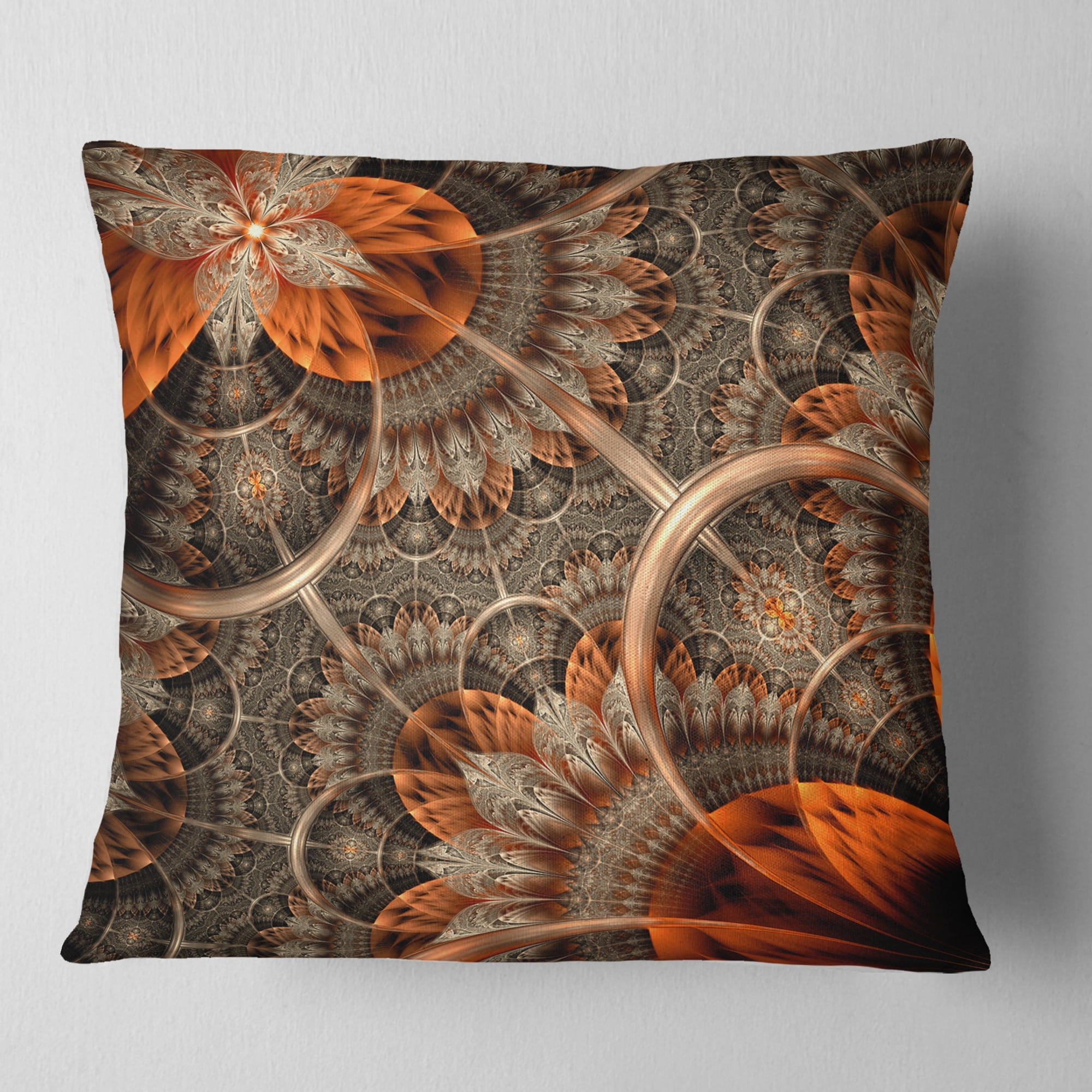 Designart Orange Brown Digital Art Fractal Flower - Floral Throw Pillow - 16x16